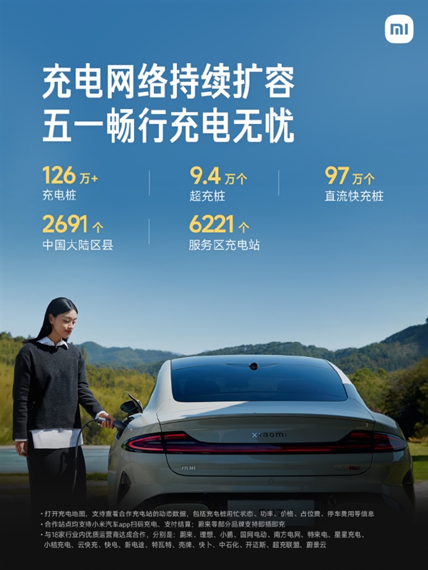 小米汽车：与18家运营商达成充电补能网络合作 超126万充电桩入驻“小米充电地图”