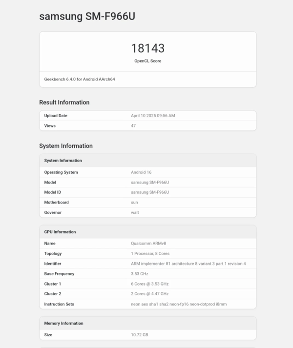 三星Z Fold7现身Geekbench跑分平台 运行One UI 8.0