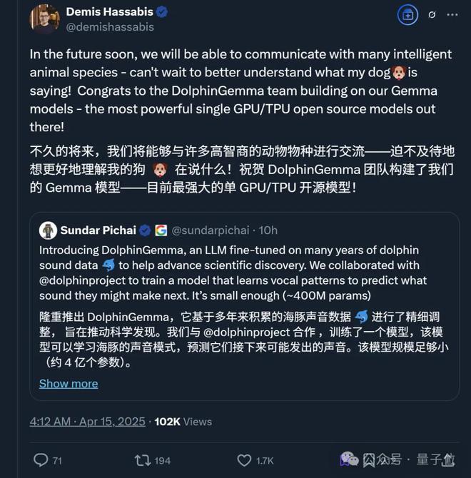 海豚语言被谷歌模型破译！实现跨物种交流，哈萨比斯：下一个是狗