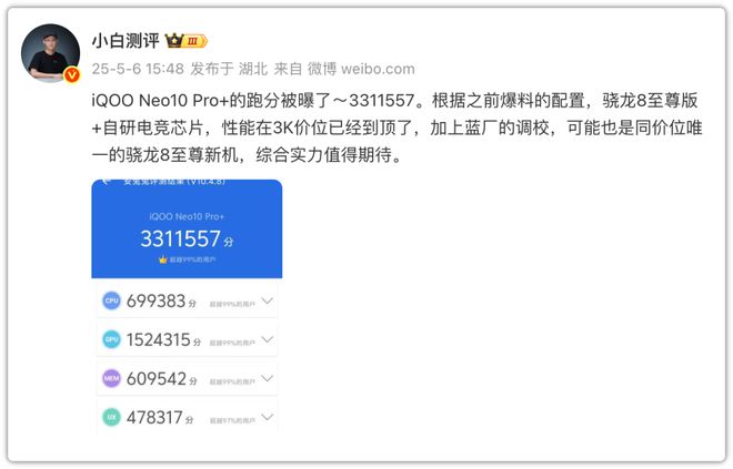 330万分！iQOO Neo10 Pro+牛啊