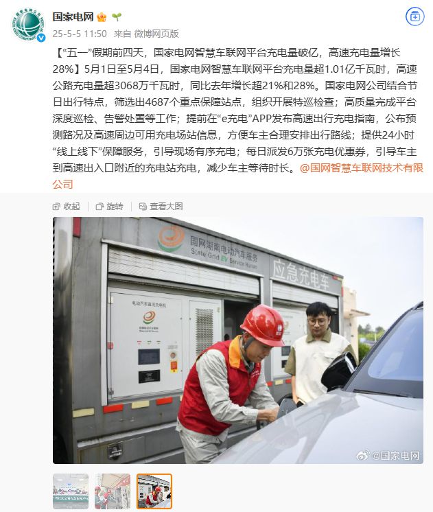 国家电网智慧车联网平台“五一”假期前四天充电量破亿