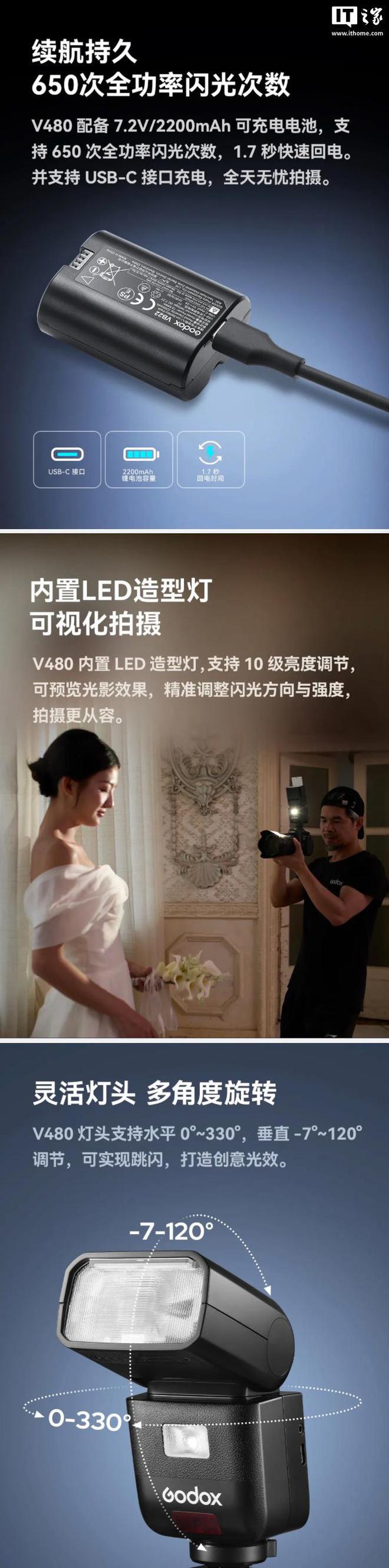 神牛推出 V480 TTL 闪光灯：2200 毫安时锂电池，898 元